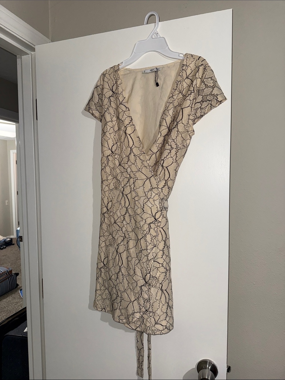 Cream Lace-Print V-Neck Mini Dress